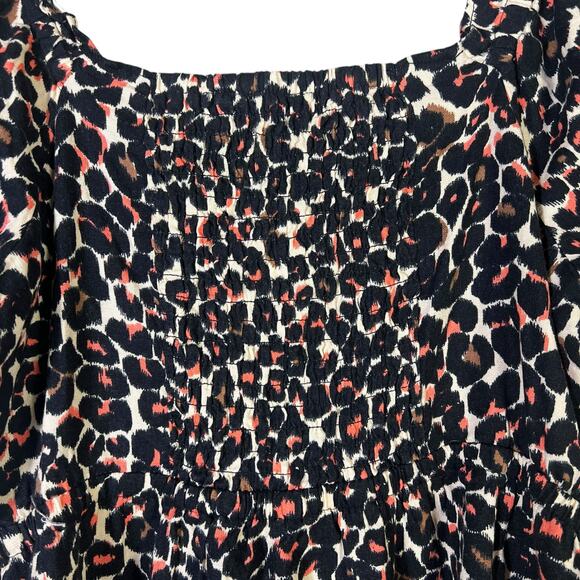 Who What Wear Leopard Smocked Puff Sleeve Midi Dress Womens L Black Animal Boho - Picture 2 of 8